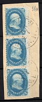 1861 1c Franklin, United States, USA, Strip on piece (Scott 63, Blue, Plymouth Postmarks, CV $150)
