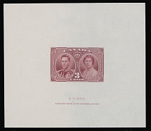 Canada - King George VI issues - 1937, Coronation, large die proof of 3c in dark carmine, printed on India paper and apparently removed from large card, ''X-G-663. Canadian Bank Note Company, Limited'' imprint at bottom, size …