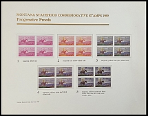 United States - Modern Errors and Varieties - 1989, 100th Anniversary of the Montana Statehood, imperforate 5 stage proofs of 25c in blocks of four, mounted on large USPS page with inscription of colors, fresh, VF and extremely …