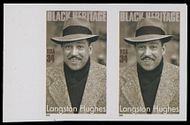 United States - Modern Errors and Varieties - 2002, Langston Hughes, 34c multicolored, self-adhesive stamp, left sheet margin horizontal pair with die cutting omitted, backing paper intact, VF, C.v. $725, Scott #3557a…