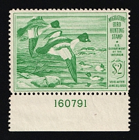 1949 $2 Duck Hunt Permit Stamp, United States (Sc. RW-16, Plate Number, CV $70, MNH)