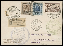 Worldwide Air Post Stamps and Postal History - Tripolitania - Zeppelin Flight - 1933 (May 29-30), Italy Direct and Return Flights mixed franking registered postcard from Tripoli to Germany, franked by Zeppelin stamp 3L brown and …
