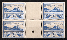 1943-44 Jersey, German Occupation, Germany, Gutter-Block (Mi. 7 y, CV $80, Plate Number '4', MNH)