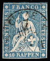 1854-59 10r Switzerland (Mi 14I, Canceled, CV $60)