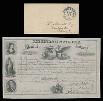 United States - Wade Telegraph Co. - 1852, envelope with Wade Telegraph Co. colorless embossing at left, sent stampless from Cincinnati to Mason Co. in KY with one stock certificate ($50) of the Cincinnati and St. Louis Telegraph …