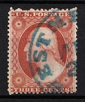 1857 3c Washington, United States, USA (Scott 26, Dull Red, Type III, Blue Cancellation)