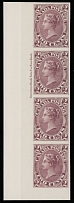 Canada - First Cents issue - 1864, Queen Victoria, imperforate trial color proof of 2c in claret, left sheet margin vertical strip of four with ABN imprint, printed on India paper mounted on card, sheet positions are penciled on …