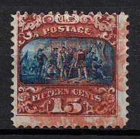 1869 15c Landing of Columbus, United States, USA (Scott 119, Brown and Blue, Type II, Red Cancellation, CV $340)