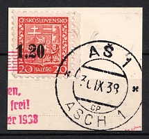 1938 1.20k on 20h on piece Occupation of Asch, Sudetenland, Germany (Mi. 3, Canceled)