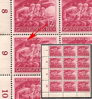1945 12pf Third Reich, Germany, Part of Sheet (Mi. 908, 908 II, Dot under 'K' in 'VOLK', Full Set, Corner Margins, Plate Numbers, CV $130, MNH)