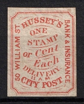 1859 Hussey's Bank & Insurance Delivery City Post, New York, United States, Locals (Sc. 87L19)