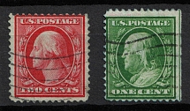 1909 2c Washington, 1c Franklin, United States, USA (Scott 357, 358, Canceled, CV $310)