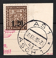 1938 1.20k on 10h on piece Occupation of Asch, Sudetenland, Germany (Mi. 2, Canceled, CV $40)