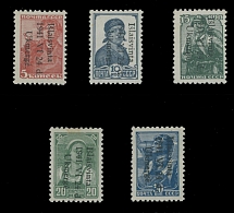 German Occupation of the World War II - Lithuania - Ukmerge - 1941, black downward overprint ''Islaisvinta 1941 VI 24 d. Ukmerge.'', complete set of five, 10k, 15k and 20k with comma instead of period after Ukmerge, all with full …