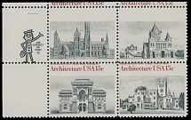 United States - Modern Errors and Varieties - 1980, Architecture, 15c black and red, top left corner sheet margin se-tenant block of four with red color missing on two top stamps due to strong perforation shift, full OG, NH, VF, …
