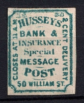 1863 1c Hussey's Bank & Insurance Special Message Post, New York, United States, Locals (Sc. 87L27, CV $20)
