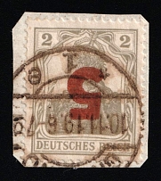 1919 5f on 2f on piece Northern Poland, German Occupation (Fi. 71 No, Inverted Overprint, Canceled)