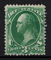 1873 3c Washington, Official Mail Stamp 'State', United States, USA (Scott O59, Dark Green, Canceled, CV $30)