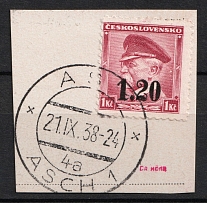 1938 1.20k on 1k on piece Occupation of Asch, Sudetenland, Germany (Mi. 5, Canceled)