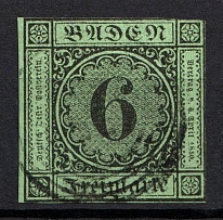 1852 6kr Baden, German States, Germany (Mi. 3 b, Canceled, CV $80)