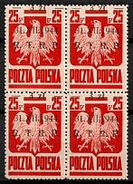 1944-45 3zl on 25gr Republic of Poland, Block of Four (Fi. 346, Shifted Overprint Upwards, CV $160)