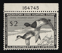 1954 $2 Duck Hunt Permit Stamp, United States (Sc. RW-21, Plate Number, CV $90, MNH)