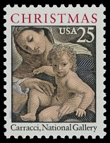 United States - Modern Errors and Varieties - 1989, Christmas, Madonna and Child by Carracci, 25c multicolored, a single with red color omitted, full OG, NH, VF, C.v. $300, Scott #2427b…