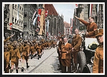 'Hitler Youth Marching in Front of Baldur von Schirach in Nuremberg, 1933', Album No.8 'Germany Awakens' 'Becoming, Fight and Victory of the NSDAP', Third Reich Nazi Germany Propaganda Poster