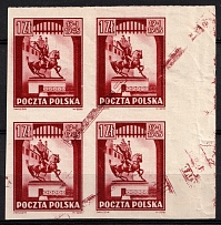 1945 1zl Republic of Poland, Block of Four (Fi. 363 x2 P3, Proof, Partial Double Slanted Printing, Signed, MNH)