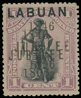 British Commonwealth - North Borneo - Labuan - 1898, Dyak Chieftain, double Jubilee overprint over ''Labuan'' on 1c lilac and black, perforation 13½, well centered single, large part of OG, VF and scarce, PF certificate, C.v. …