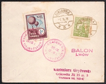 1928 (30 Sept) Second Polish Republic, Non-Postal, Cinderella, Balloon Lwow (Lwiw), Cover from Sieniawka to Warsaw