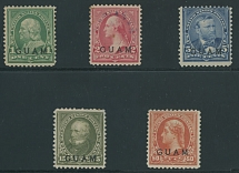 United States - US Possessions - Guam - 1899, black overprint ''GUAM'' on regular stamps of 1897, 1c (unused, thin), 2c (used), 5c (mint, hinged), 15c (hinged, thin), 50c (mint, LH), faulted to F/VF, C.v. $417.50, defected stamps …