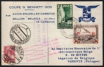 1935 (Sept) Gordon Bennett Cup, Second Polish Republic, Non-Postal, Cinderella, Commemorative Balloon Postcard from Brussels to Warsaw