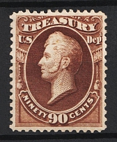 1873 90c Perry, Official Mail Stamp 'Treasury', United States, USA (Scott O82, Brown, CV $480)
