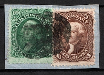 1861-63 5c Jafferson and 10c Washington, United States, USA on piece (Scott 69, 76, Canceled, CV $180)