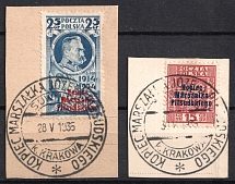 1935 (28 - 30 May) Independence Mound of Jozef Pilsudski on piece, Krakow Postmarks, Second Polish Republic (Fi. 278 - 279, Full Set, Canceled)