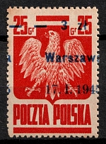 1945 3zl on 25gr Republic of Poland (Fi. 348 a, 'Warszawa', Shifted Overprint to One Side)