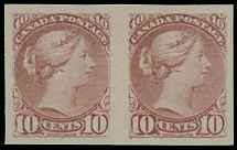 Canada - Small Queen issue - 1891, Ottawa Printings, 10c rose carmine, horizontal imperforate pair, beautiful color and balanced margins, no gum as issued, NH, VF, C.v. $550, Unitrade #45i, C.v. CAD750, Scott #45 var…