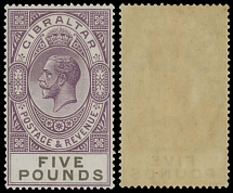 British Commonwealth - Gibraltar - 1925-32, King George V, £5 violet and black, nicely centered with proof-like colors, full OG, extremely lightly hinged, appears NH, VF, D. Brandon certificate, C.v. $1,750, SG #108, £1,600, …
