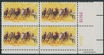 United States - Modern Errors and Varieties - 1974, Horses Rounding Turn, 10c yellow and multi, bottom right corner sheet margin plate No.35115-35114 block of four, blue ''Horse Racing'' omitted, red color (US Postage 10 cents) …