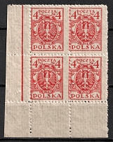 1920-22 4m Second Polish Republic, Block of Four (Fi. 117, Mi. 150, Shifted Perforation, MNH)