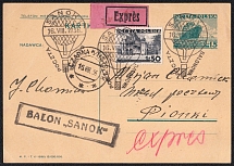 1936 (16 Aug) Second Polish Republic, Non-Postal, Cinderella, Balloon Sanok Postcard to Pionki with Commemorative Cancellation