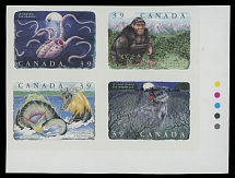 Canada - Modern Errors and Varieties - 1990, Legendary Creatures, 39c x4 multi, bottom right corner sheet margin imperforate se-tenant block of four, control lights on right selvage, full OG, NH, VF and rare, C.v. $1,250 for …