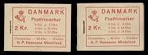 Denmark - Stamp Booklets - 1937, Numerals, Caravel and Mill, two intact 2kr booklets, each one contains four panes of four values, 5o green (2), 10o brown (1) and 15o carmine (1), red text on yellowish paper, one has repaired …