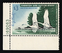 1966 $3 Duck Hunt Permit Stamp, United States (Sc. RW-33, Plate Number, Corner Margins, Canceled)