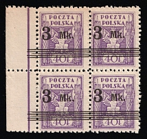 1921 3mk on 40f Second Polish Republic, Block of Four (Fi. 120, SHIFTED Overprint, Margin, MNH)