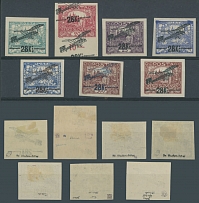 Worldwide Air Post Stamps and Postal History - Czechoslovakia - 1920, seven trial Airplane surcharges 28k on imperforate Hradcany stamps of 20h greenish blue (black), 20h carmine (black), 25h (black), two of 200h (black and …