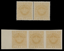 Portuguese Colonies - Cape Verde - 1881-85, Portuguese Crown, 40r yellow buff, horizontal pair and imperforate strip of three, right stamp of the pair and middle stamp of the strip with ''Mozambique'' error (position 18 in pane …