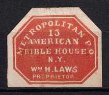 1852-53 Metropolitan Post Office, American Bible House, New York, United States, Locals (Sc. 108L3, CV $280)