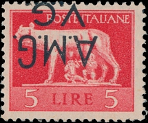 Italy - A.M.G. - Venezia Giulia - 1946, inverted and shifted to the top black overprint ''A.M.G. V.G.'' on 5L dark red, full OG, NH, VF, expertized by R. Mondolfo and others, Sassone #10d, €1,300, Scott #1LN6 var…
